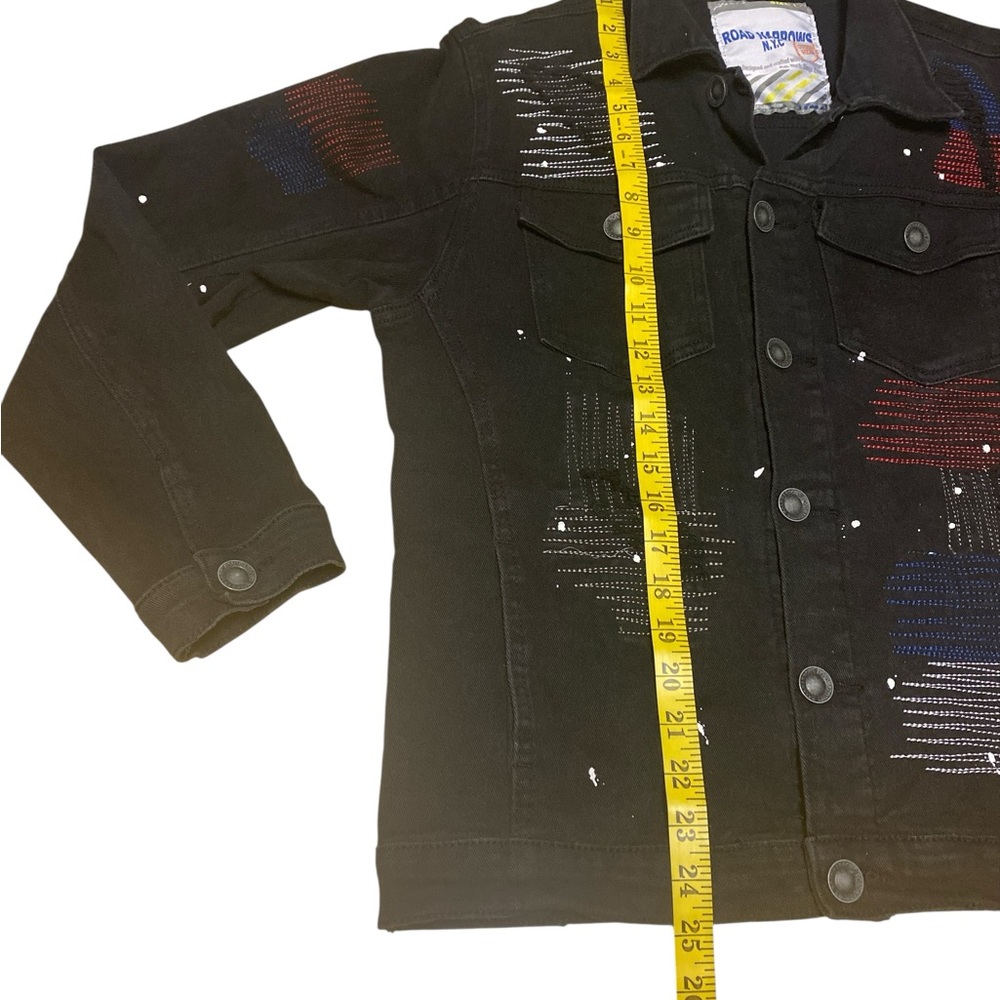 Road Narrows NYC Black Denim Button Down Jacket Size L Embroidered Distressed - Picture 10 of 16